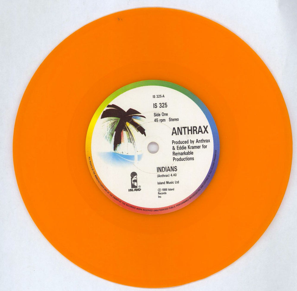 Anthrax Indians - Orange Vinyl UK 7" vinyl single (7 inch record / 45) 5014474703256