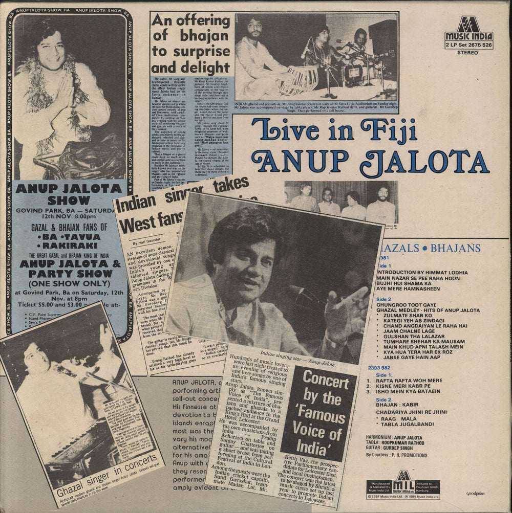 Anup Jalota Live In Fiji (Ghazals • Bhajans) - Autographed Indian 2-LP vinyl record set (Double LP Album)