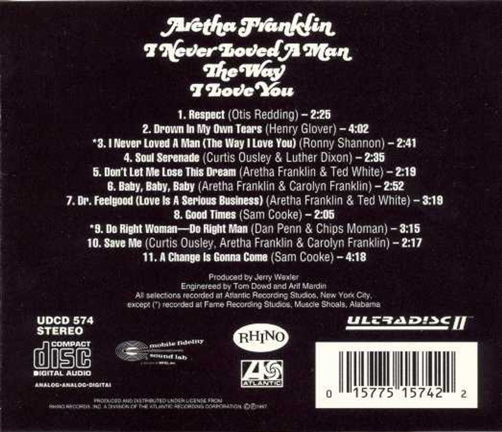 Aretha Franklin I Never Loved A Man The Way I Love You US CD album (CDLP) ARECDIN265434