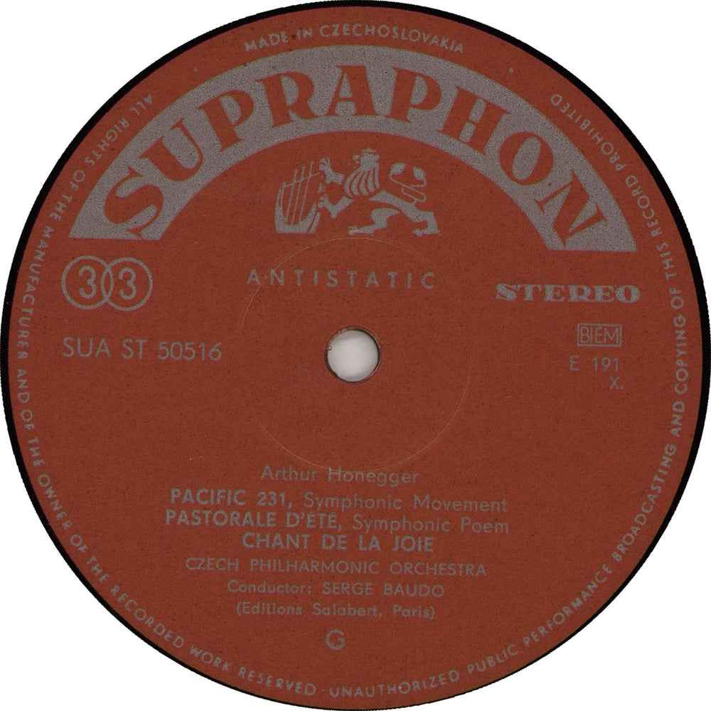 Arthur Honegger Pacific 231 / Pastorale D’Été / Chant De La Joie / Symphony No. 5 Czech vinyl LP album (LP record) HFELPPA752302