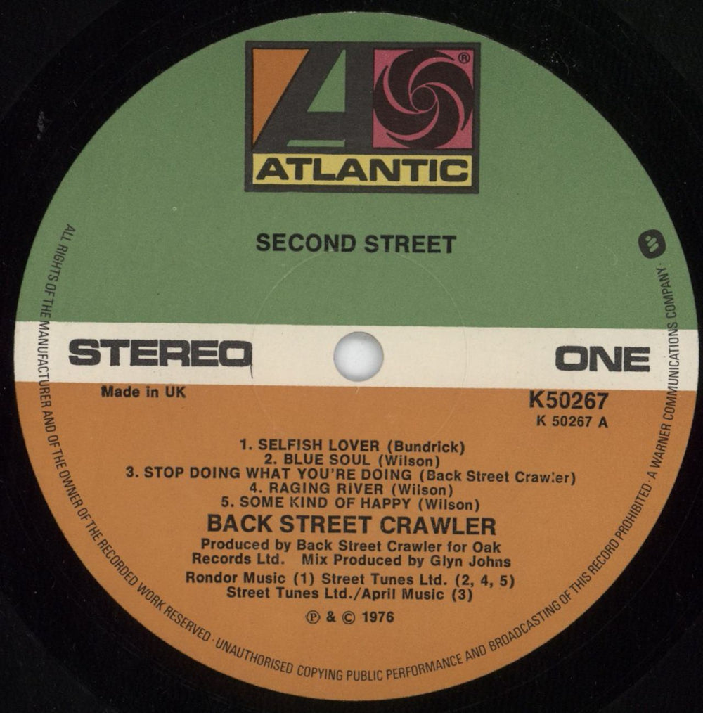 Back Street Crawler Second Street - VG UK vinyl LP album (LP record) BCWLPSE816063