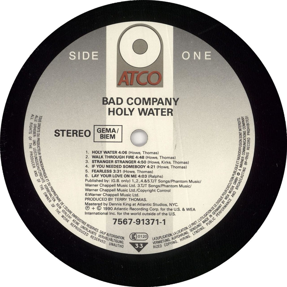 Bad Company Holy Water German vinyl LP album (LP record) 075679137111