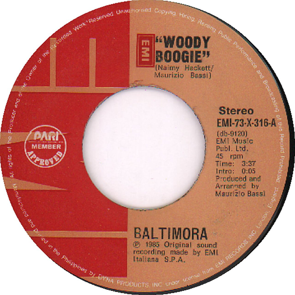 Baltimora Woody Boogie Philippino 7" vinyl single (7 inch record / 45) EMI-73-X-316