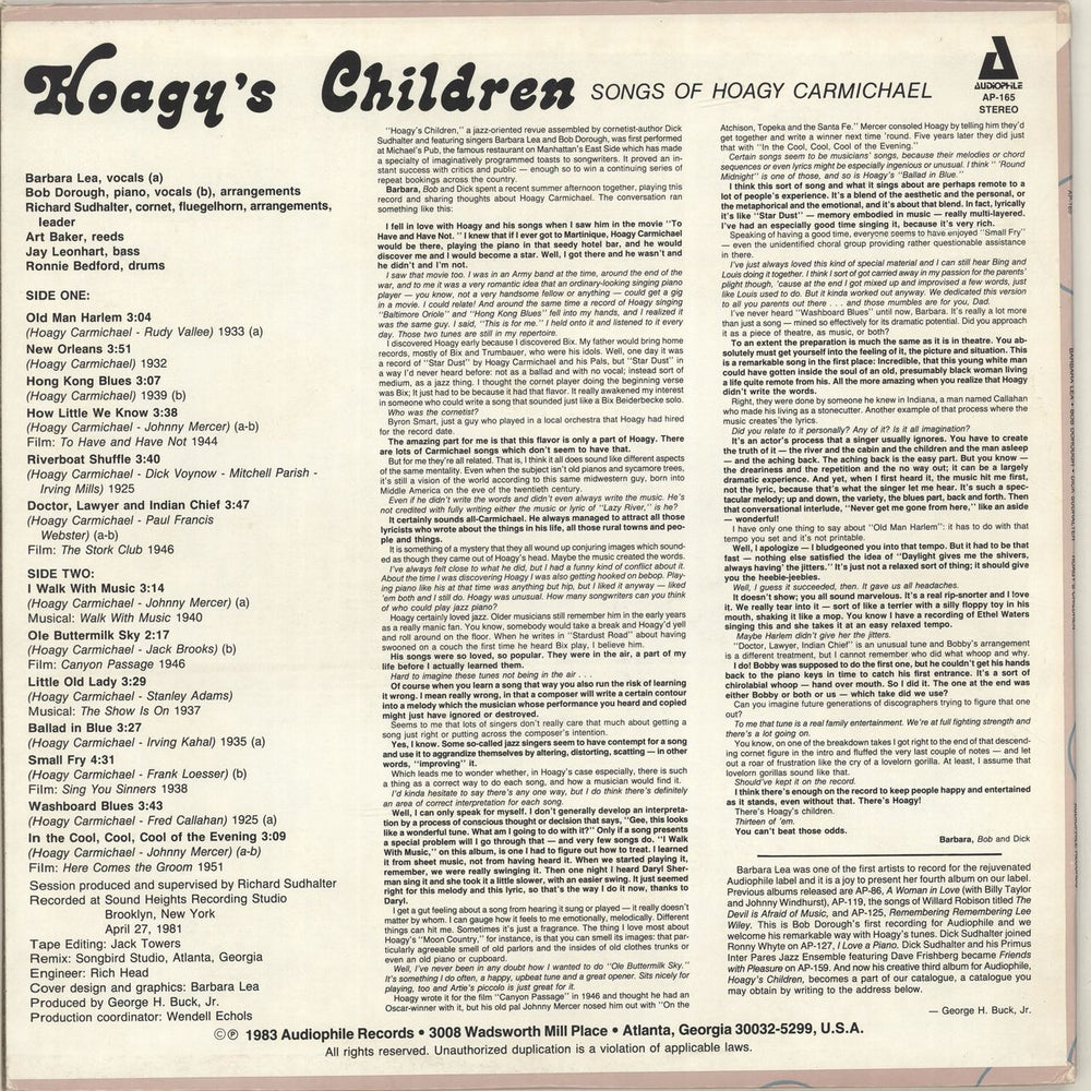 Barbara Lea Hoagy's Children - Songs Of Hoagy Carmichael US vinyl LP album (LP record)