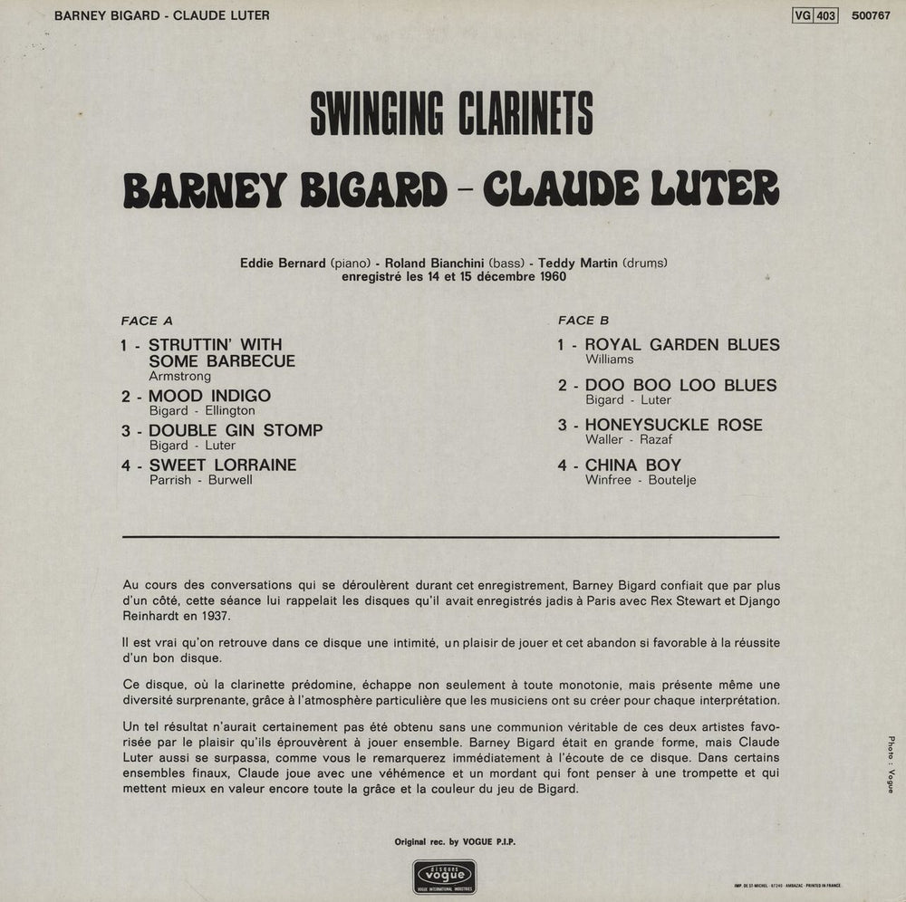 Barney Bigard Swinging Clarinets French vinyl LP album (LP record)