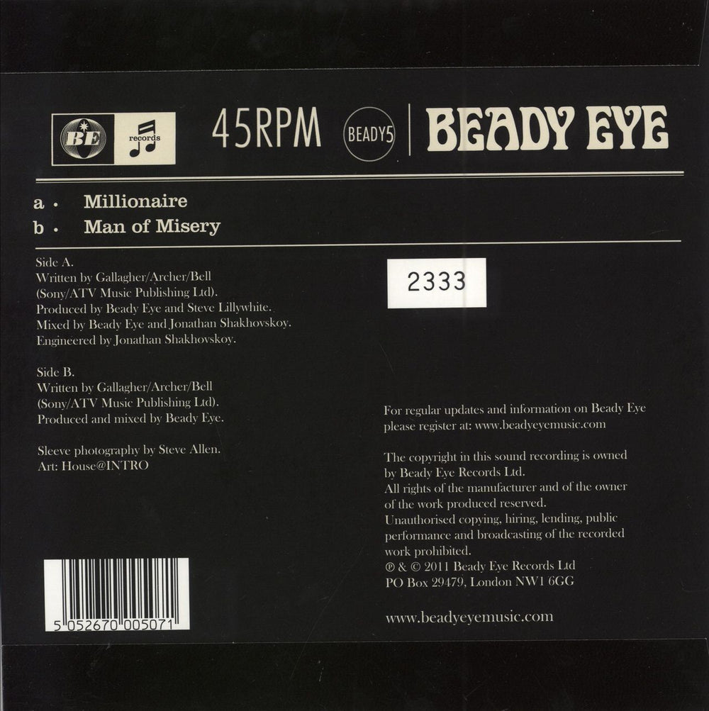 Beady Eye Millionaire - Numbered Sleeve UK 7" vinyl single (7 inch record / 45) 5052670005071