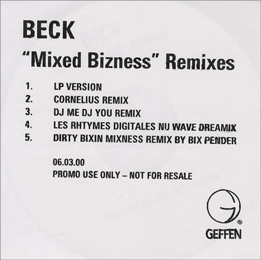 Beck Mixed Biznezz Remixes UK Promo CD-R acetate CD ACETATE