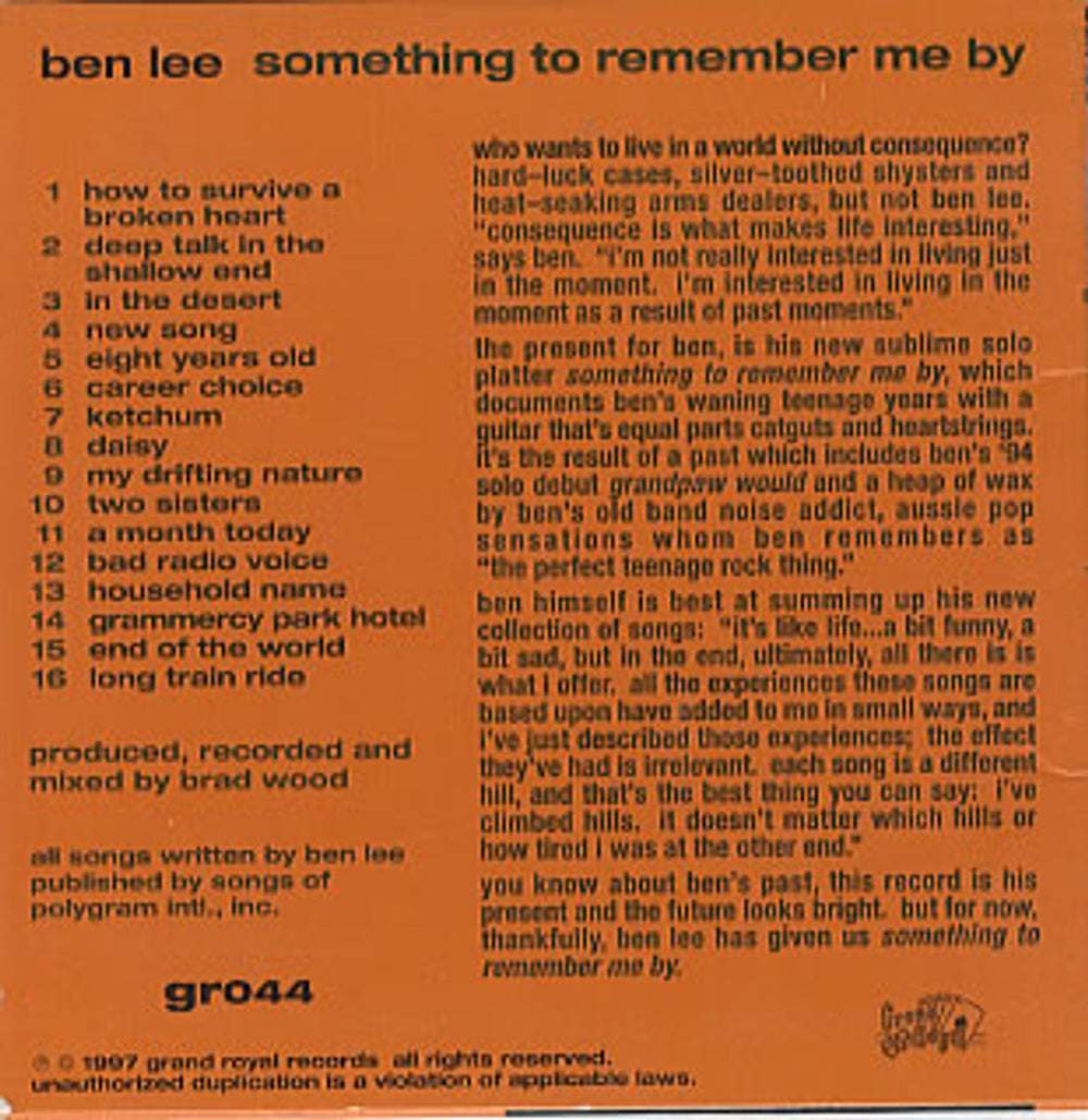 Ben Lee Something To Remember Me By US Promo CD single (CD5 / 5") BN1C5SO334518