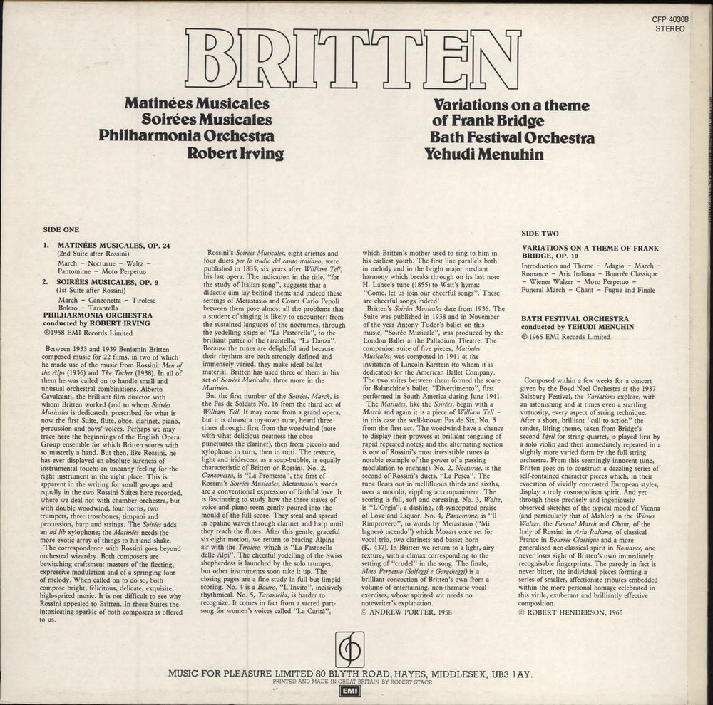 Benjamin Britten Matinees & Soiree Musicales / Variations on a Theme of Frank Bridge UK vinyl LP album (LP record)