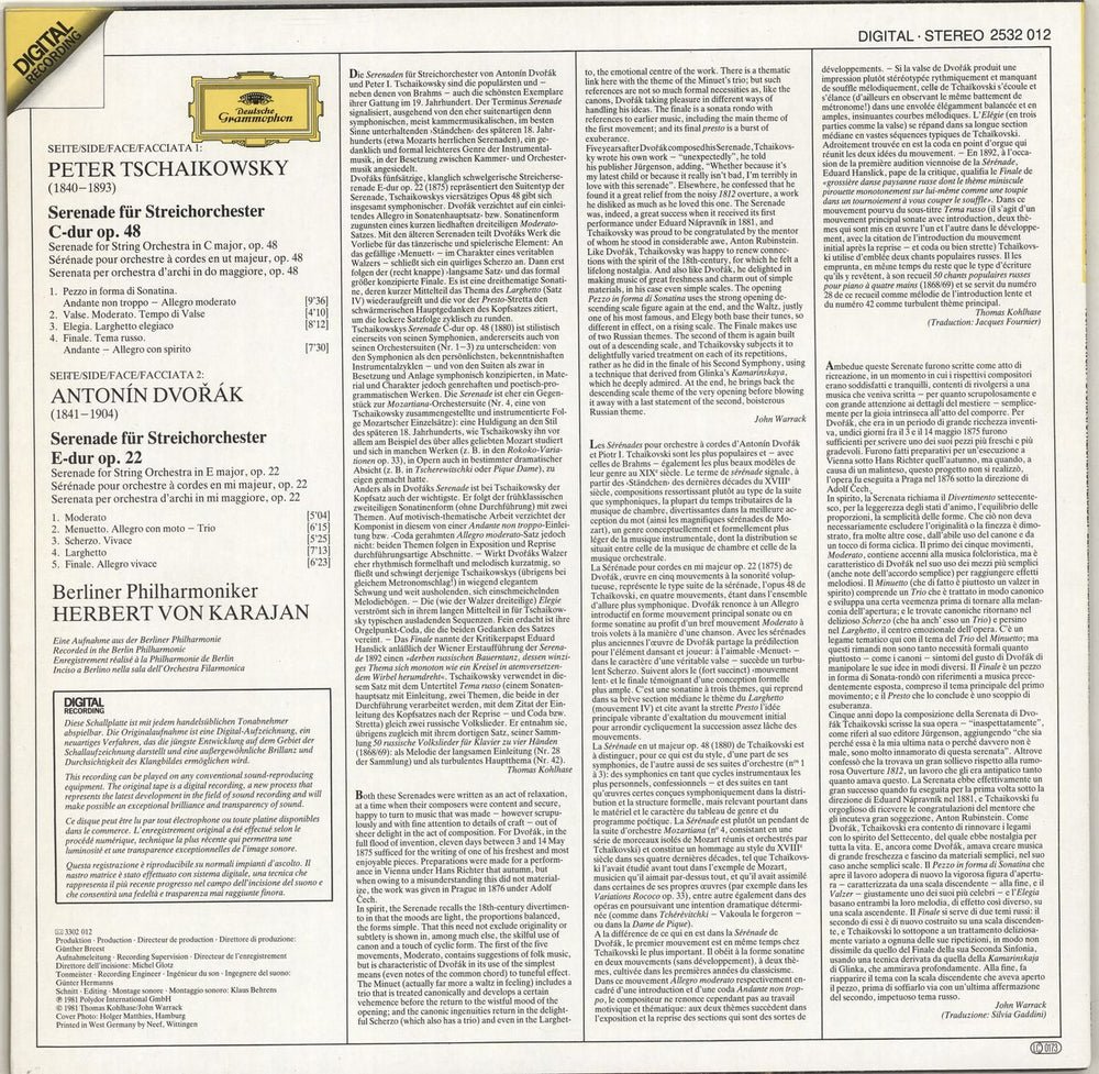 Berliner Philharmoniker Tchaikovsky / Dvorák: Streicherserenaden German vinyl LP album (LP record)