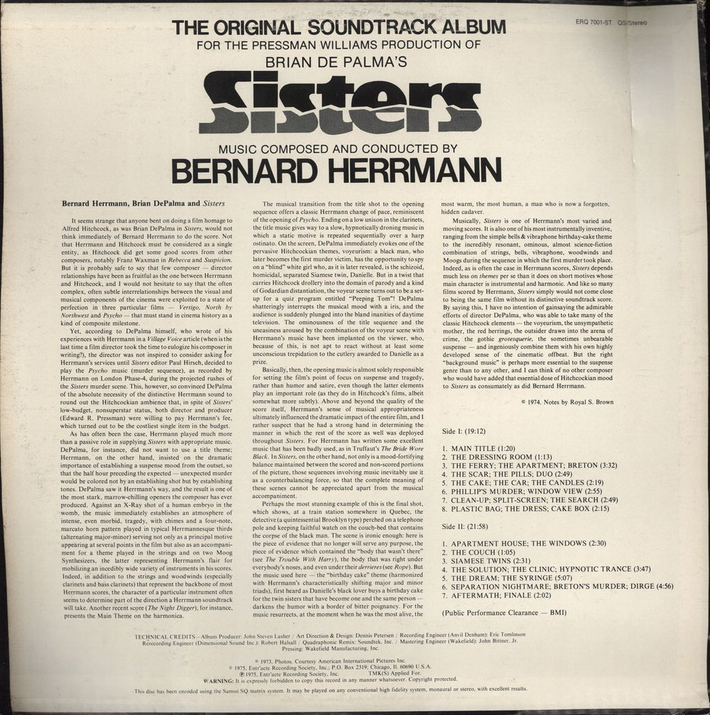 Bernard Herrmann Sisters US vinyl LP album (LP record)