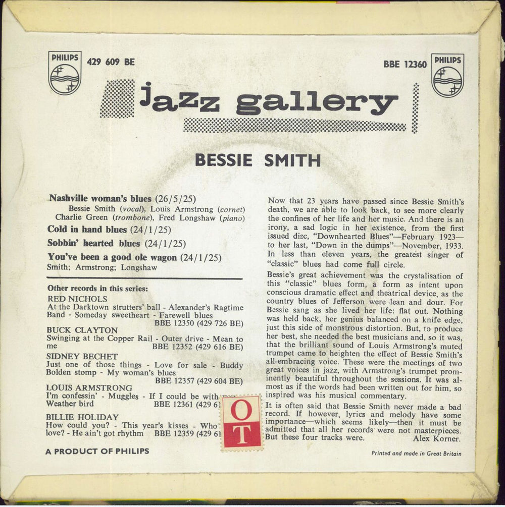 Bessie Smith Jazz Gallery UK 7" vinyl single (7 inch record / 45)