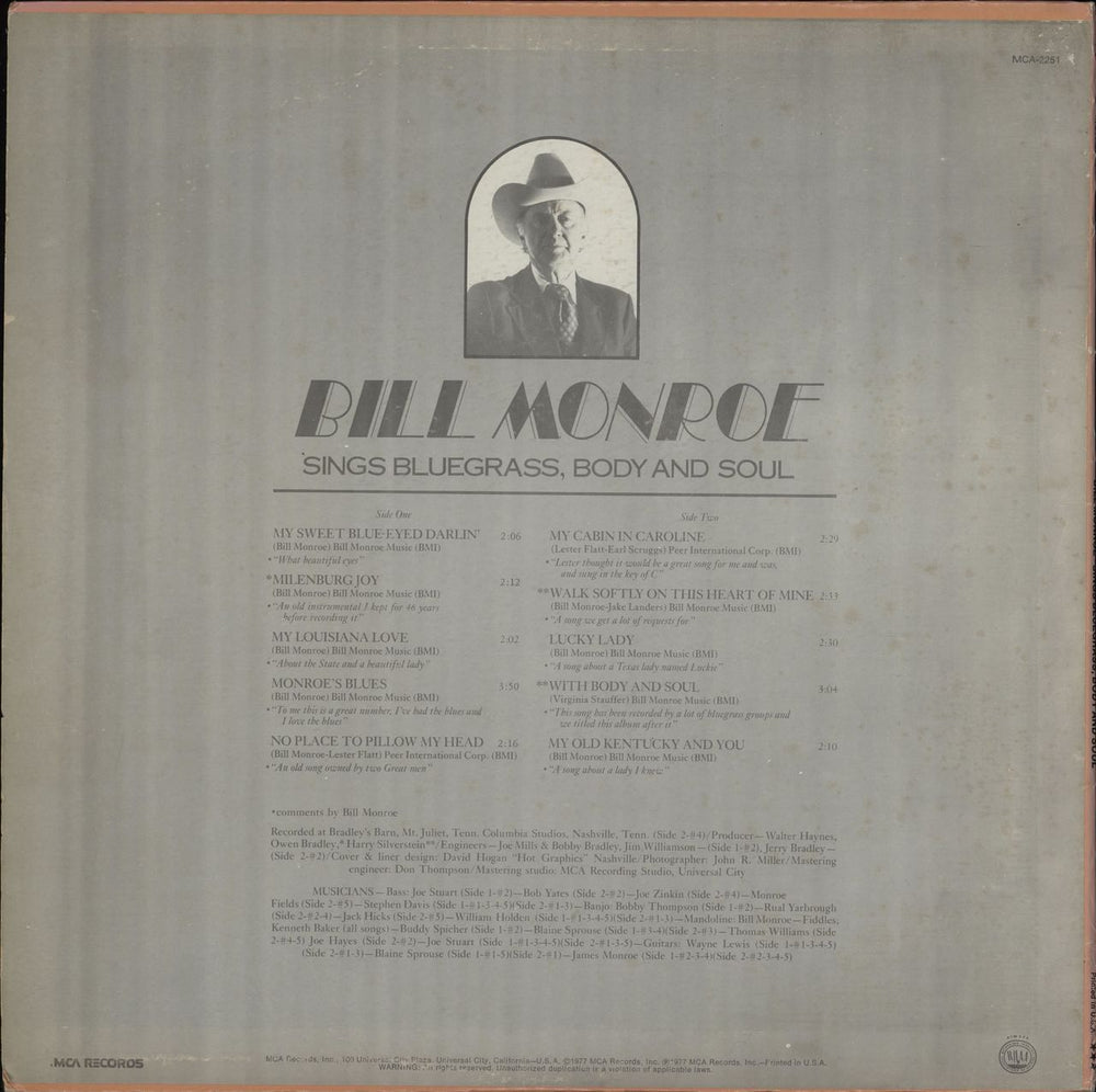 Bill Monroe Sings Bluegrass, Body And Soul US vinyl LP album (LP record)