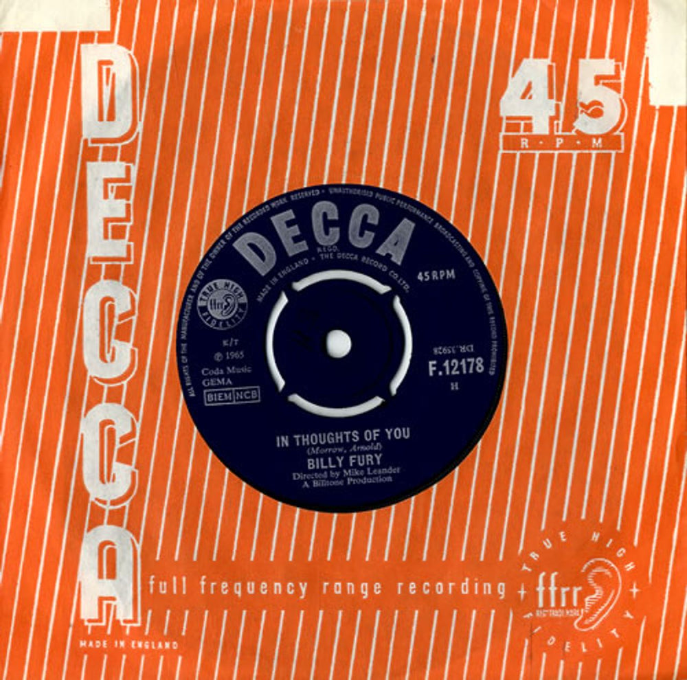 Billy Fury In Thoughts Of You UK 7" vinyl single (7 inch record / 45) F.12178