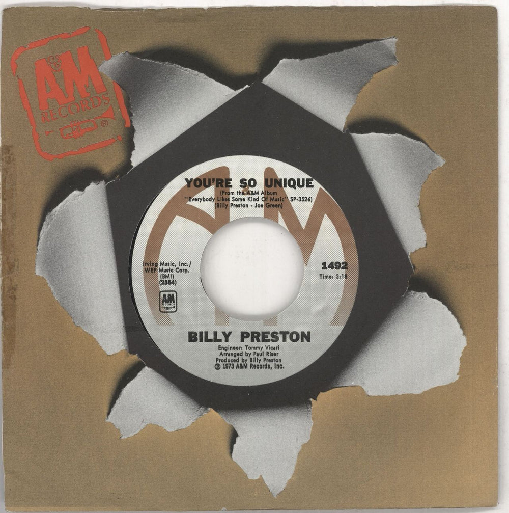 Billy Preston You're So Unique US 7" vinyl single (7 inch record / 45) 1492