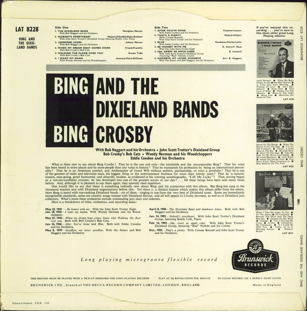 Bing Crosby Bing And The Dixieland Bands UK vinyl LP album (LP record)