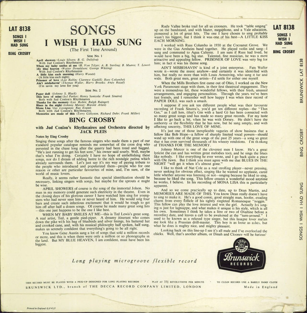 Bing Crosby Songs I Wish I Had Sung (The First Time Around) UK vinyl LP album (LP record)