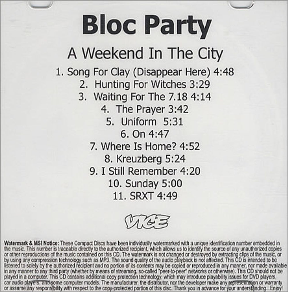 Bloc Party A Weekend In The City US Promo CD-R acetate CD-R ACETATE