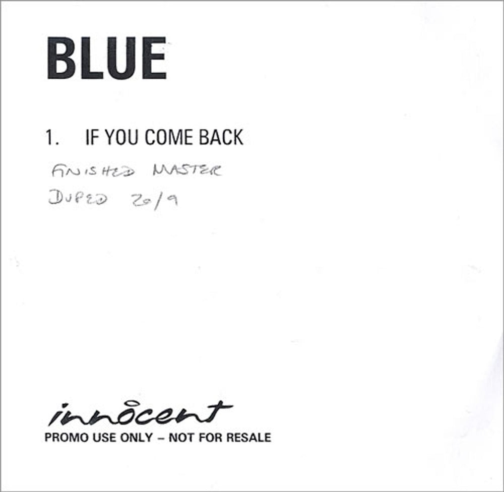 Blue (00s) If You Come Back UK Promo CD-R acetate CD-R ACETATE