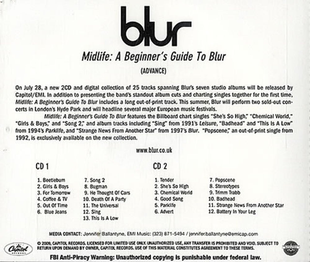 Blur Midlife: A Beginners Guide To Blur US Promo 2 CD album set (Double CD) BLR2CMI477038