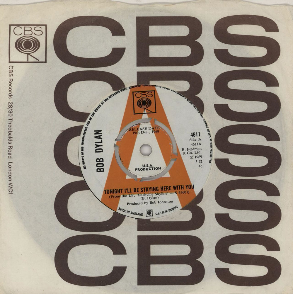 Bob Dylan Tonight I'll Be Staying Here With You UK Promo 7" vinyl single (7 inch record / 45) 4611