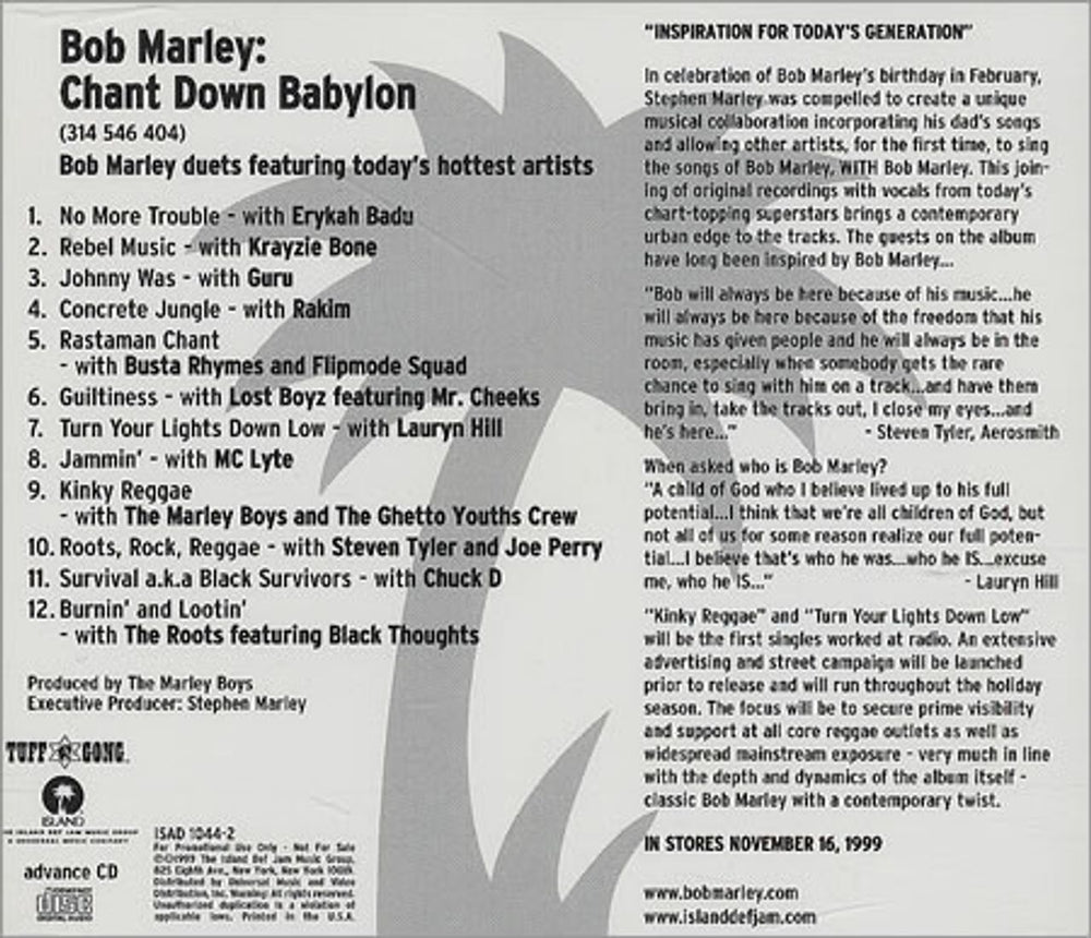 Bob Marley & The Wailers Chant Down Babylon US Promo CD album (CDLP) BMLCDCH147215