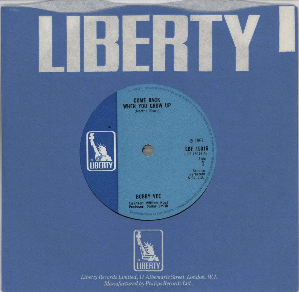 Bobby Vee Come Back When You Grow Up - Solid UK 7" vinyl single (7 inch record / 45) LBF15016