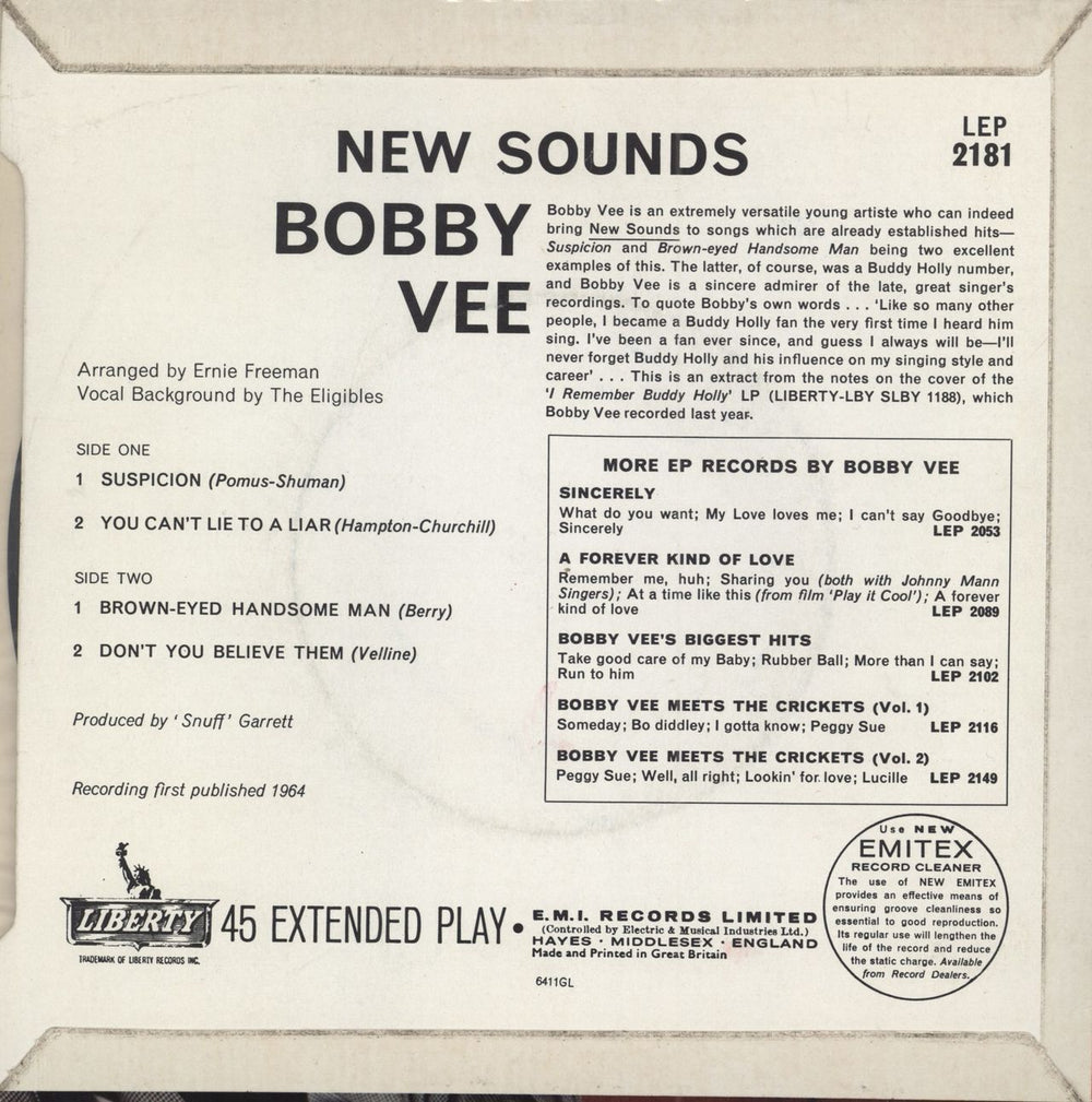 Bobby Vee New Sounds UK 7" vinyl single (7 inch record / 45)