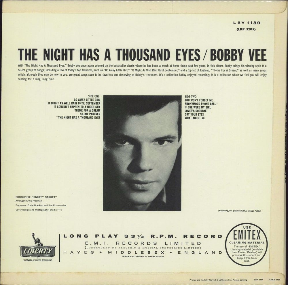 Bobby Vee The Night Has A Thousand Eyes - Archive UK vinyl LP album (LP record)