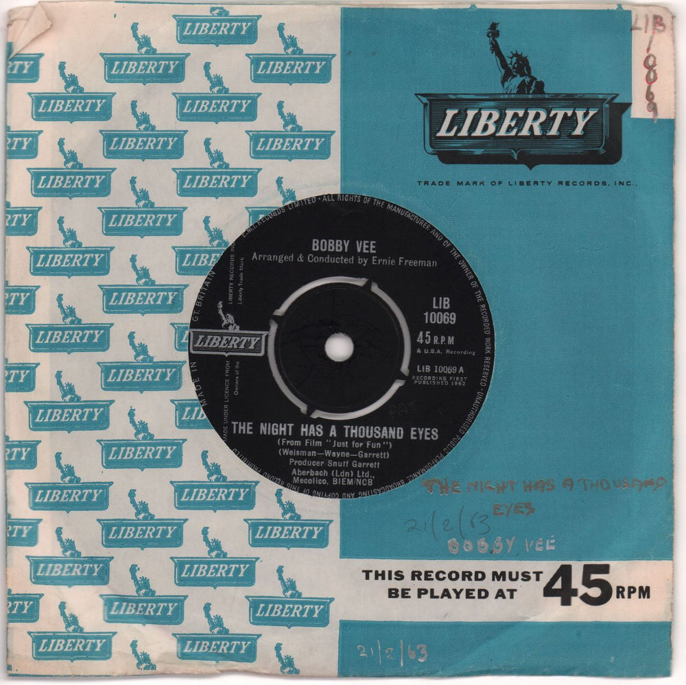 Bobby Vee The Night Has A Thousand Eyes UK 7" vinyl single (7 inch record / 45) LIB10069