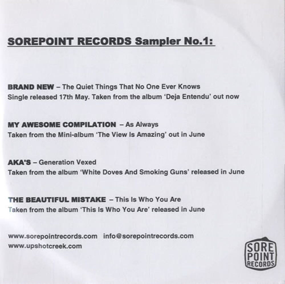 Brand New Sorepoint Records Sampler No. 1 UK Promo CD-R acetate CD-R ACETATE