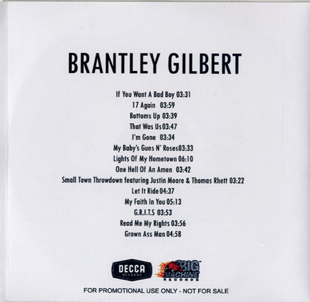 Brantley Gilbert Just As I Am UK Promo CD-R acetate F4ACRJU614363