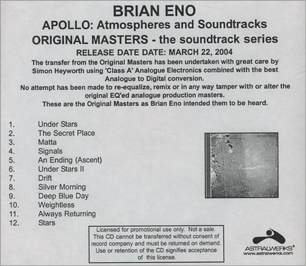 Brian Eno Apollo: Atmospheres And Soundtracks US Promo CD-R acetate CD-R ACETATE