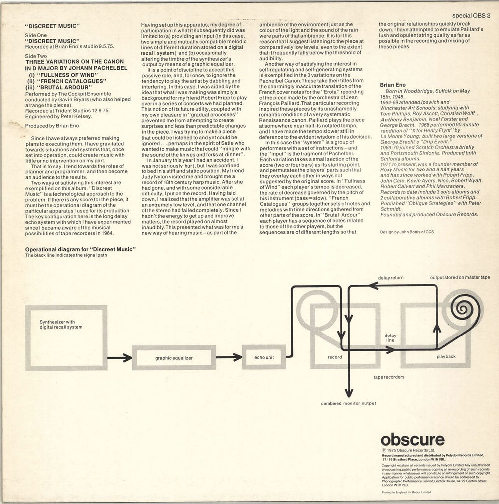 Brian Eno Discreet Music UK vinyl LP album (LP record)
