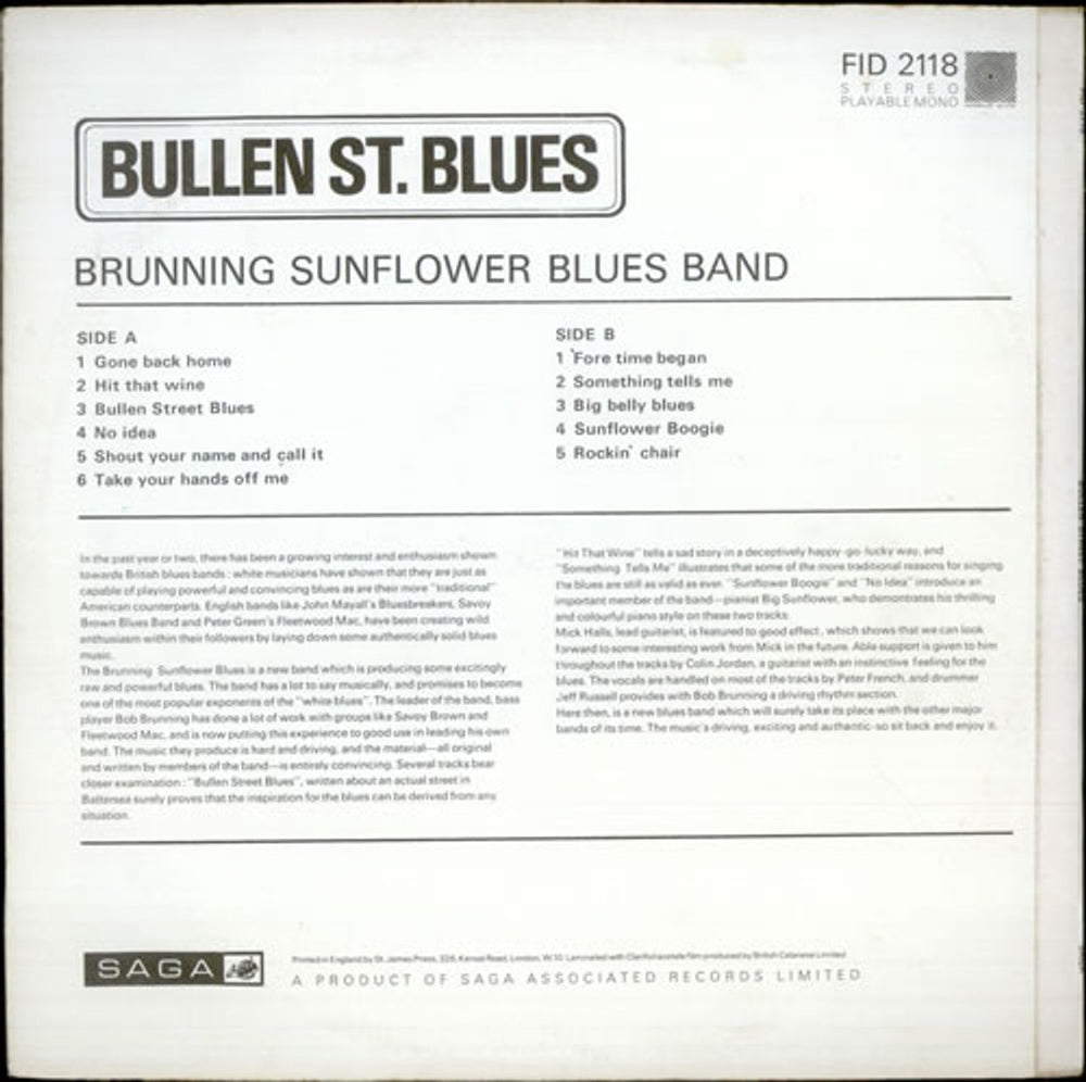 Brunning Sunflower Blues Band Bullen St. Blues UK vinyl LP album (LP record) UNNLPBU211377