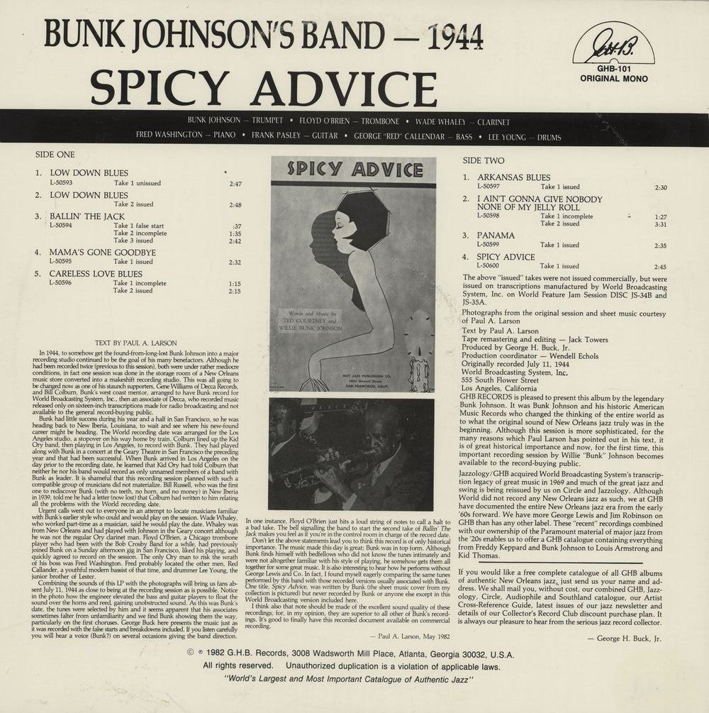 Bunk Johnson Spicy Advice US vinyl LP album (LP record)