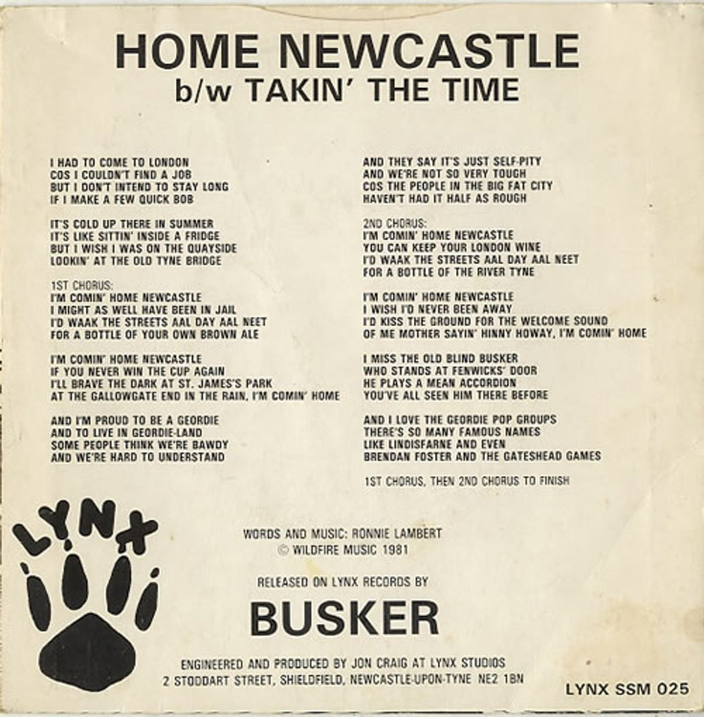 Busker Home Newcastle + P/S UK 7" vinyl single (7 inch record / 45) F9S07HO619782