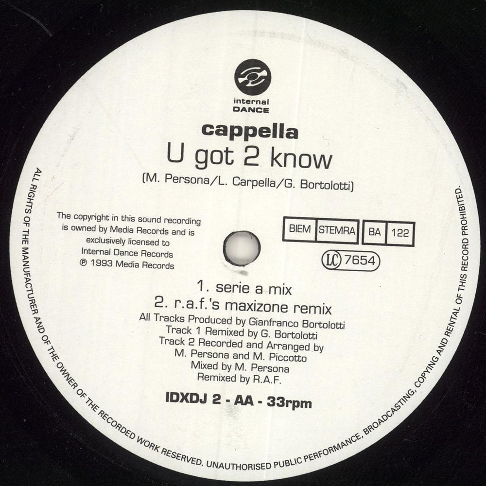 Cappella U Got 2 Know UK Promo 12" vinyl single (12 inch record / Maxi-single)
