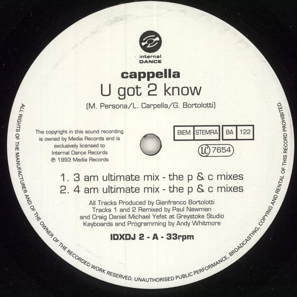 Cappella U Got 2 Know UK Promo 12" vinyl single (12 inch record / Maxi-single) IDXDJ2