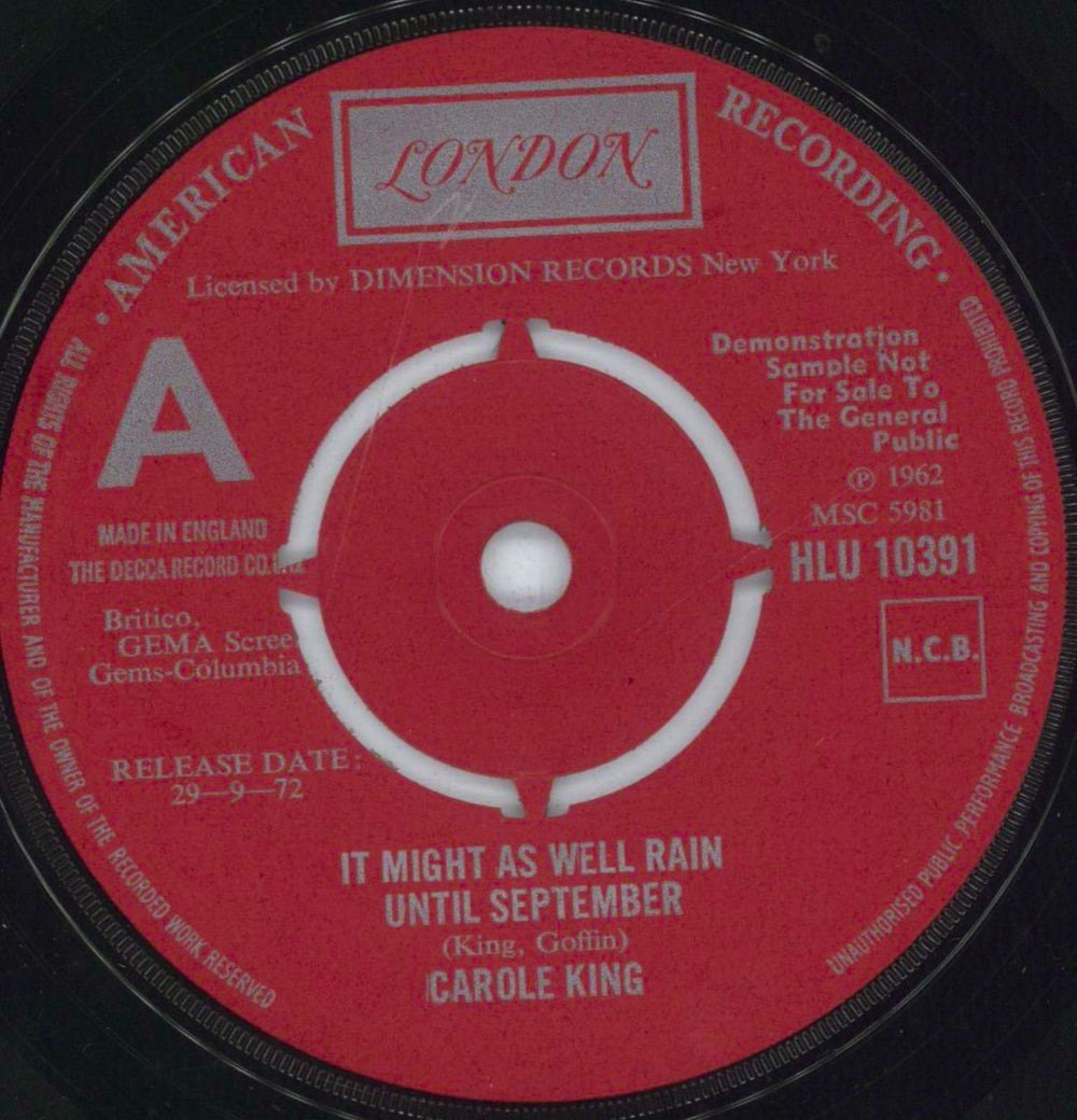 Carole King It Might As Well Rain Until September UK Promo 7" vinyl single (7 inch record / 45) HLU10391