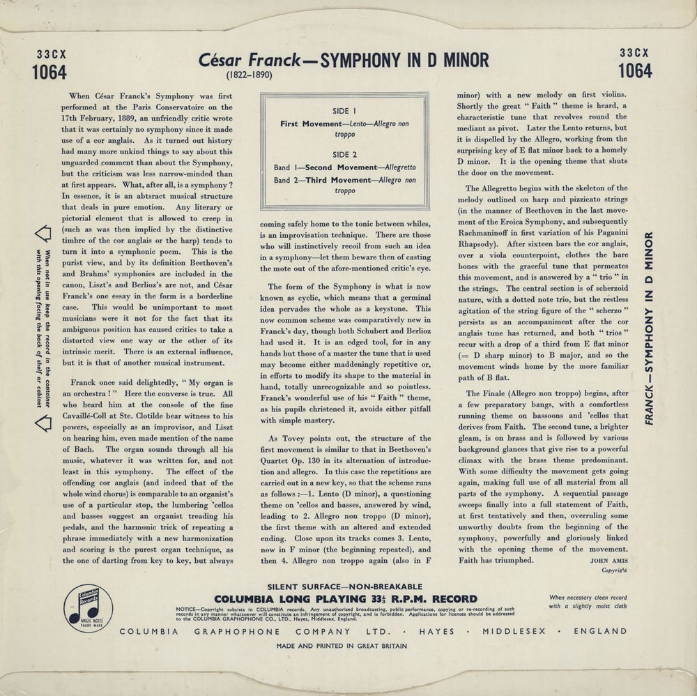 César Franck Symphony In D Minor UK vinyl LP album (LP record)