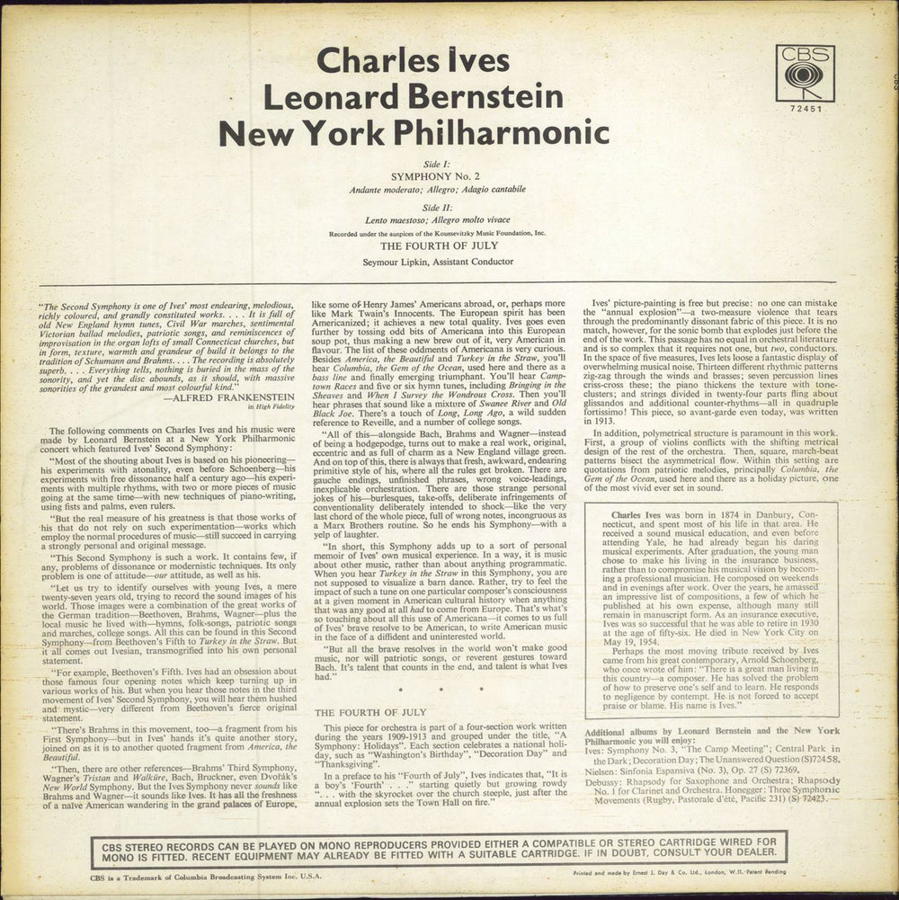 Charles Ives Symphony No. 2 / The Fourth Of July UK vinyl LP album (LP record)