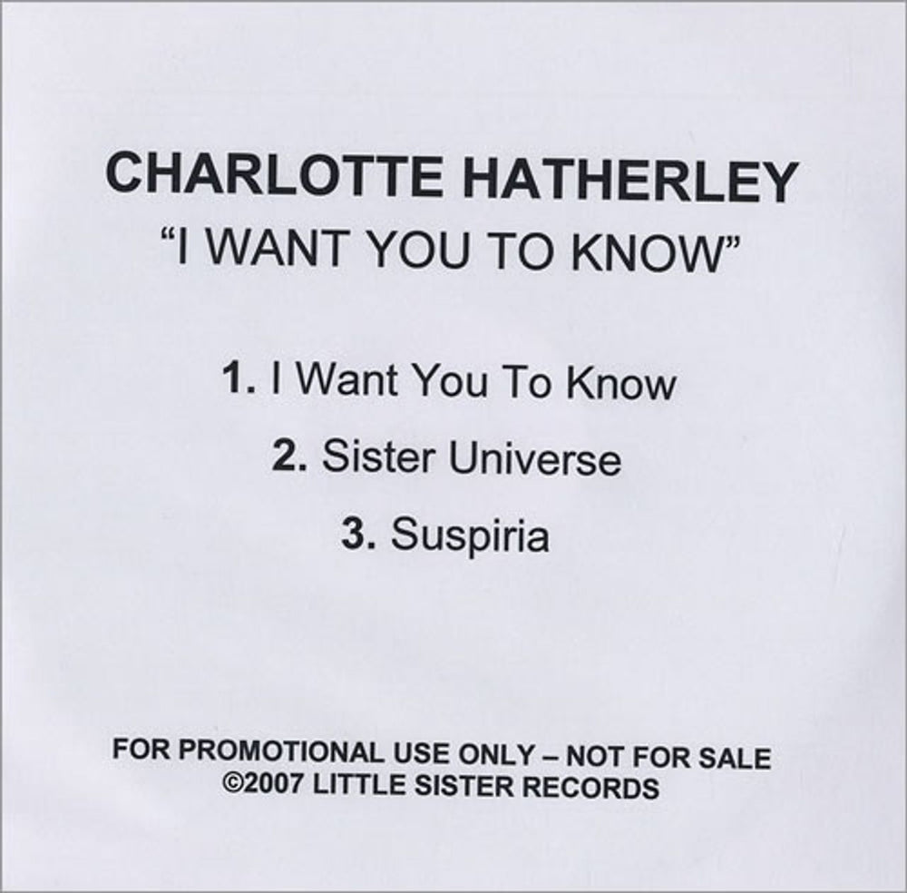 Charlotte Hatherley I Want You To Know UK Promo CD-R acetate CD-R ACETATE