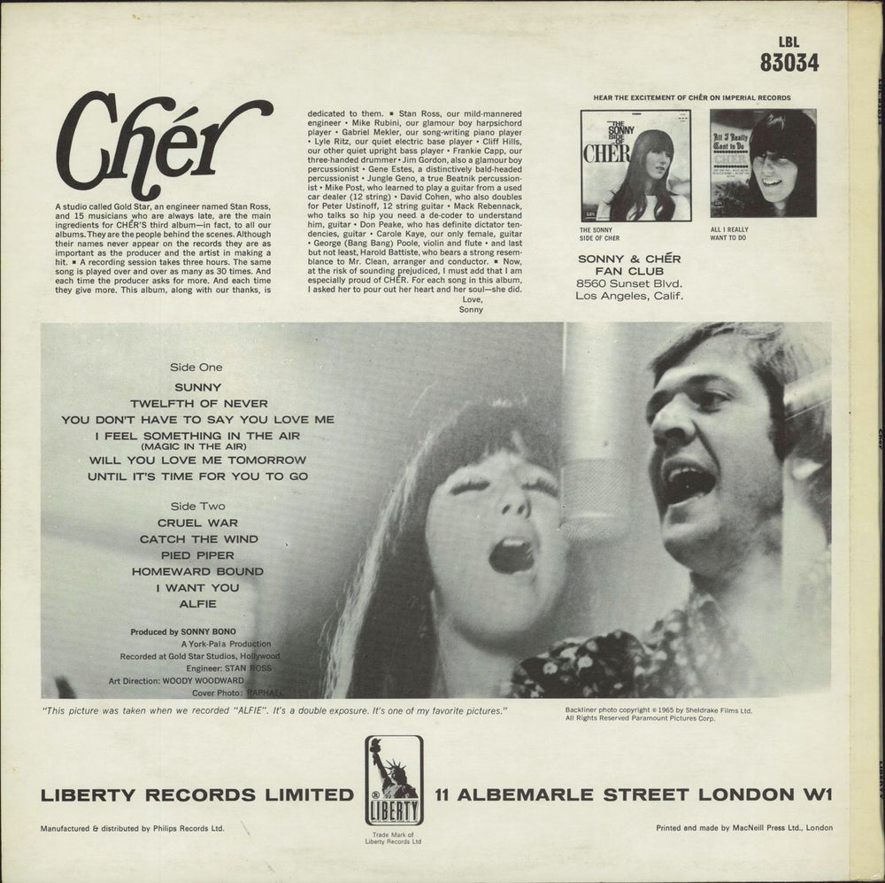 Cher Cher UK vinyl LP album (LP record)