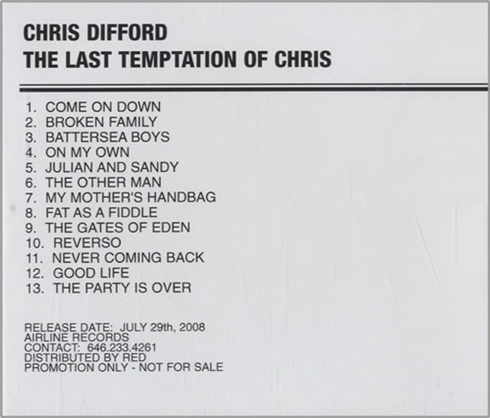 Chris Difford The Last Temptation Of Chris US Promo CD-R acetate CDRACETATE
