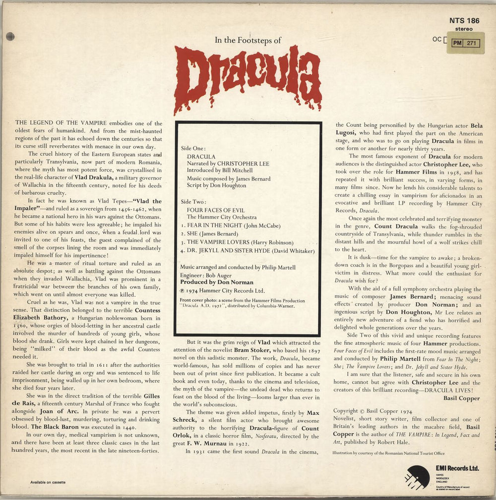 Christopher Lee Hammer Presents Dracula UK vinyl LP album (LP record)