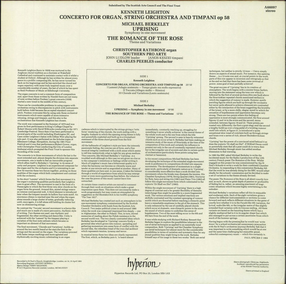 Christopher Rathbone Kenneth Leighton: Organ Concerto / Michael Berkeley: Uprising / The Romance Of The Rose UK vinyl LP album (LP record)