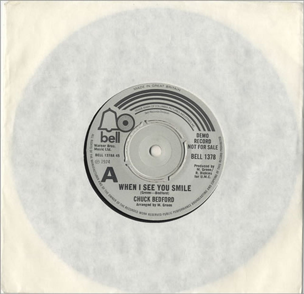 Chuck Bedford When I See You Smile UK Promo 7" vinyl single (7 inch record / 45) BELL1378