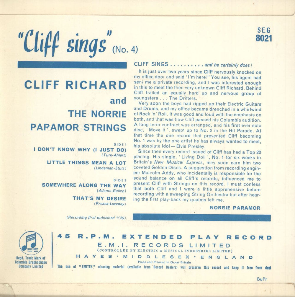 Cliff Richard Cliff Sings No.4 UK 7" vinyl single (7 inch record / 45)