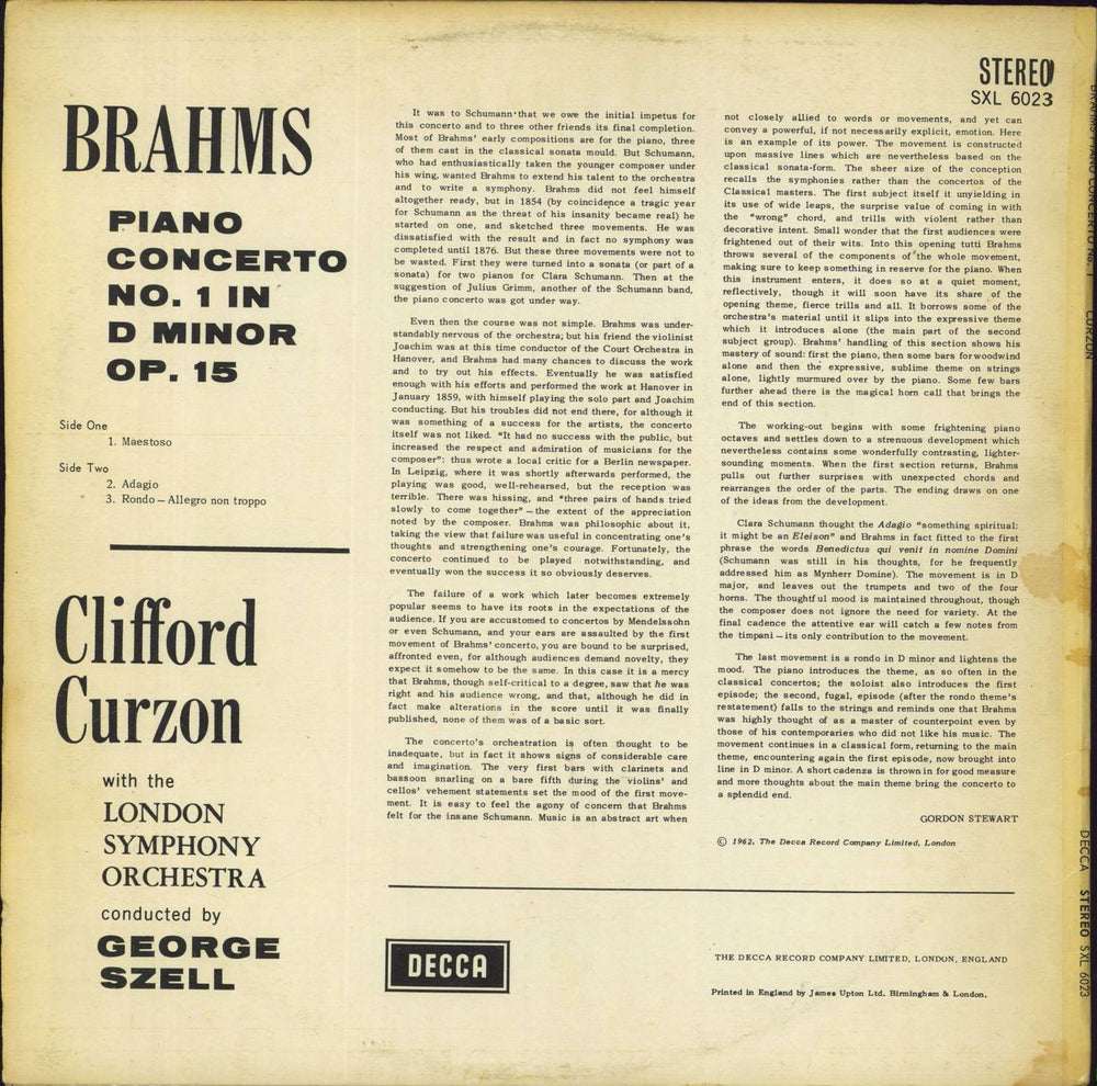 Clifford Curzon Brahms: Piano Concerto No. 1 UK vinyl LP album (LP record)